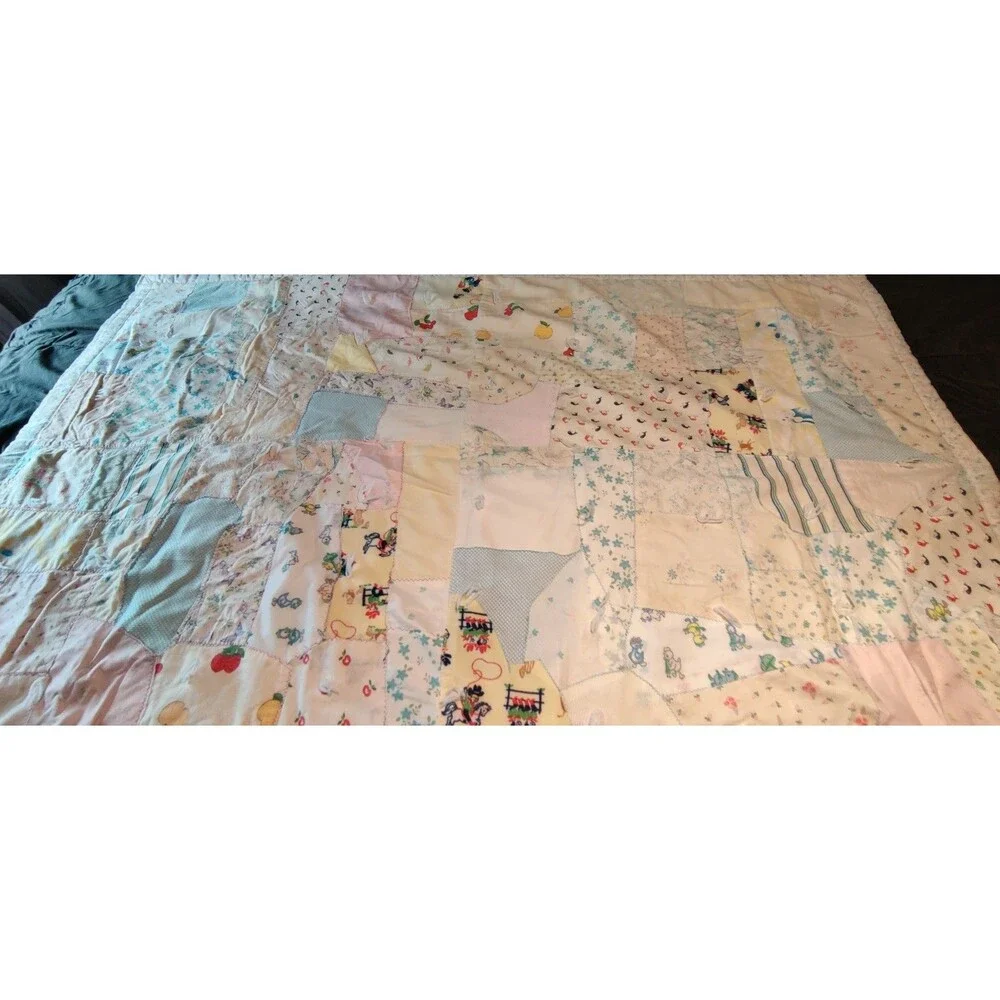 Vintage 1970s Handmade Tied Patchwork Baby Quilt Crib Blanket Nursery 55
